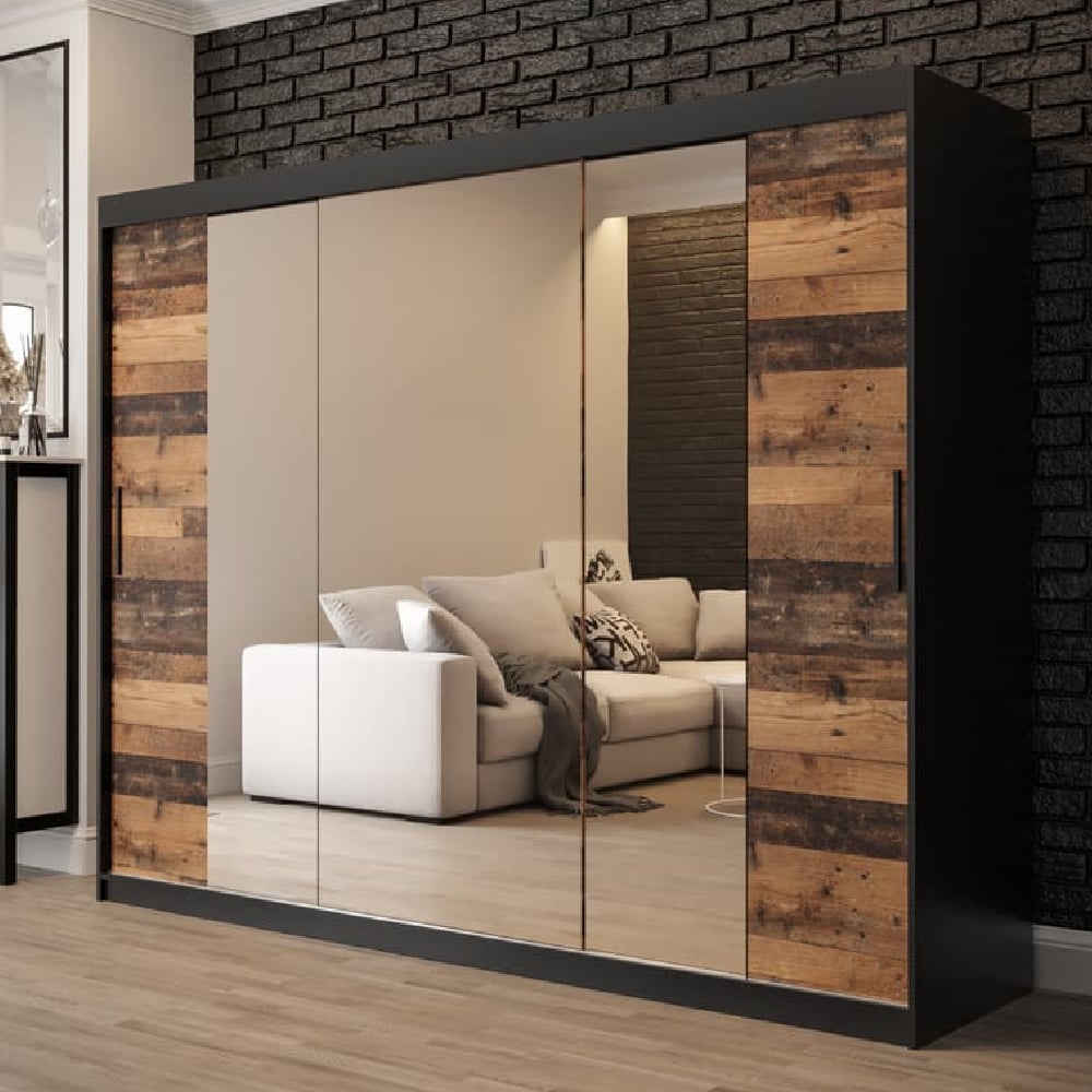 Topeka 3 sliding mirrored wardrobe in Dark Oak & Black finish