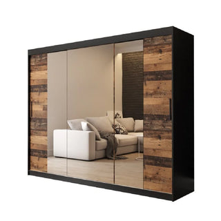 The Topeka 3 Mirrored Wardrobe with 3 sliding doors in dark oak features mirrored panels that reflect a stylish living room with a white sofa and coffee table.
