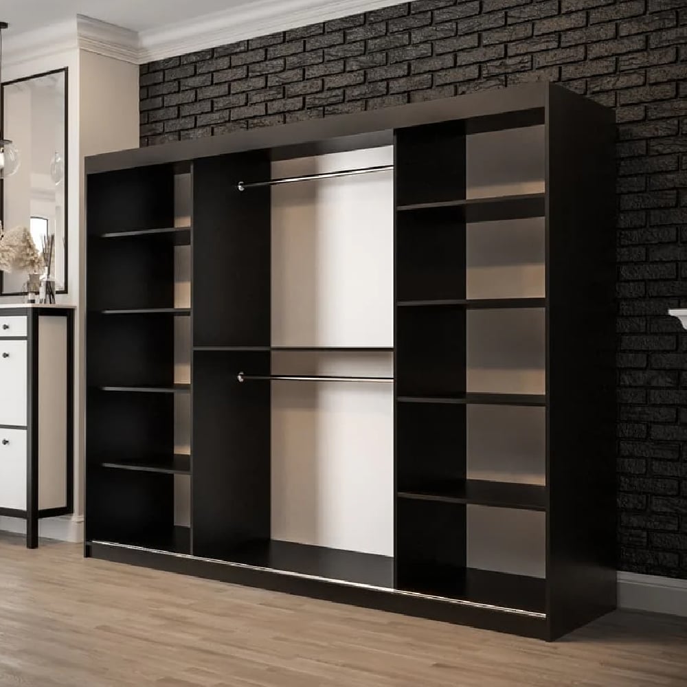 TOPEKA 3 sliding door mirrored wardrobe in dark oak and black with shelves and hanging rails.