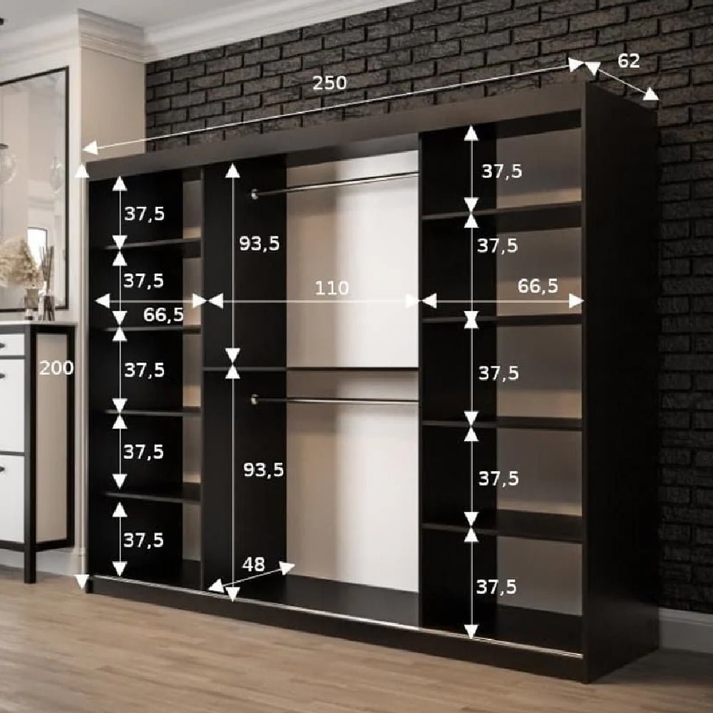 Dark oak sliding wardrobe with mirrored doors, showing internal shelf dimensions 250cm wide x 200cm high.