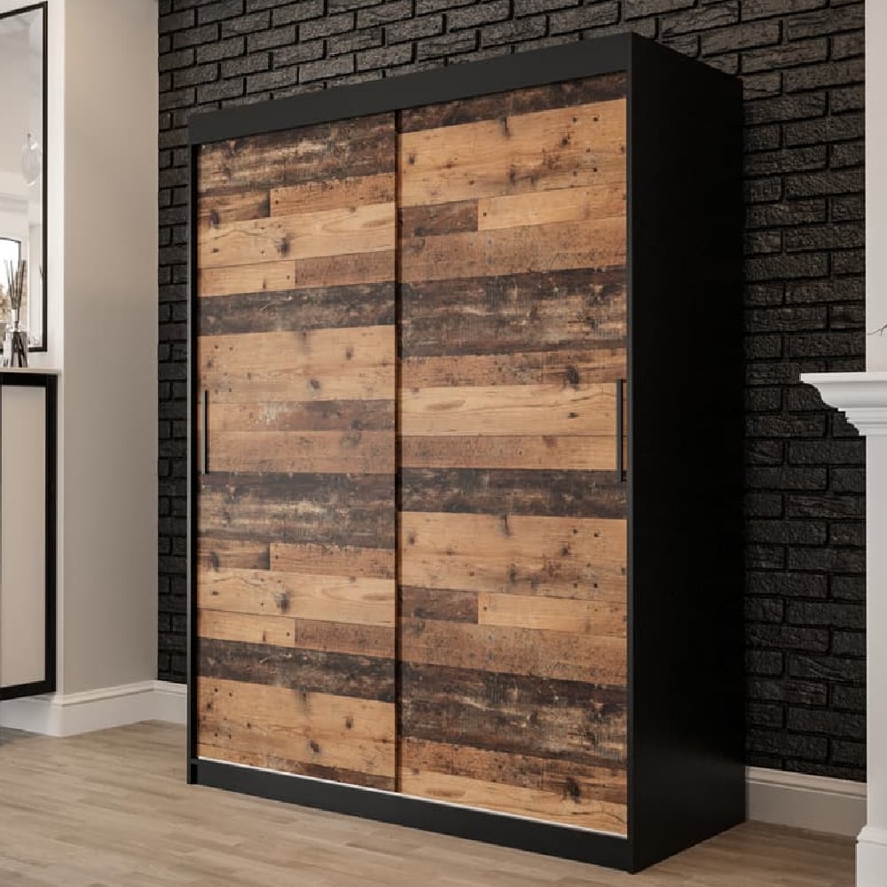 TOPEKA WOODEN 150cm dark oak wardrobe with 2 sliding doors, wood plank effect