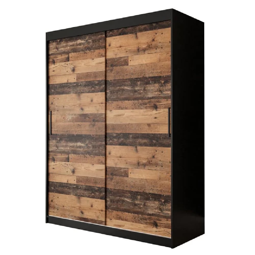 TOPEKA WOODEN 150cm sliding door wardrobe in dark oak with rustic multi-toned wood panel doors and black handles.