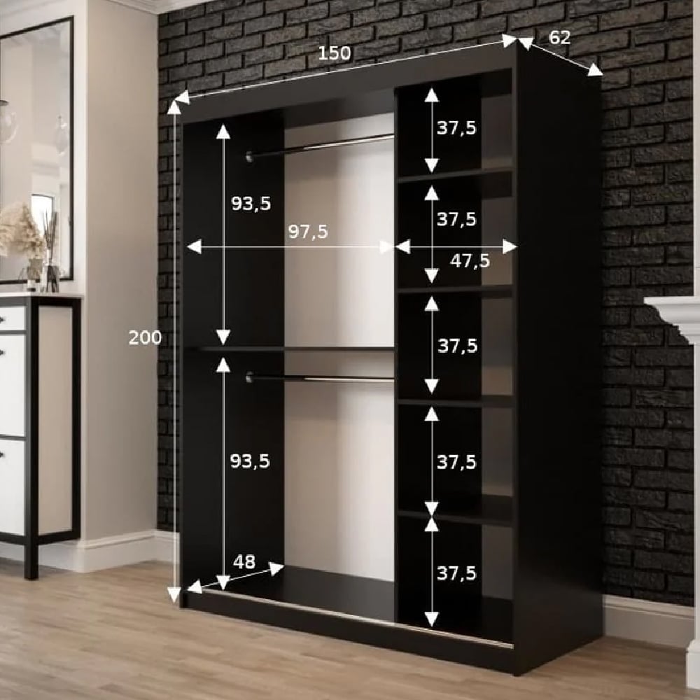 Dark oak 150cm sliding door wardrobe with dimensions marked