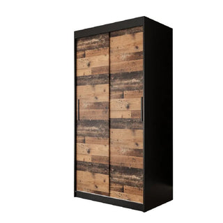 The Topeka Wooden Wardrobe with 2 sliding doors in dark oak features a black frame and natural brown panels, ideal for bedroom storage, and is shown against a plain white background.