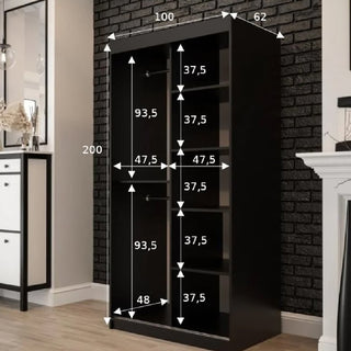 The Topeka Wooden Wardrobe With 2 Sliding Doors in Dark Oak measures 200cm high, 100cm wide, and 62cm deep, with shelf sections of 93.5, 47.5, 37.5, and 48cm—ideal for bedroom storage against a brick wall beside a fireplace.