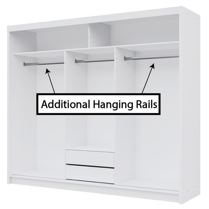 White 3-door sliding wardrobe interior with shelves, hanging rails, and drawers, showing additional hanging rail space.