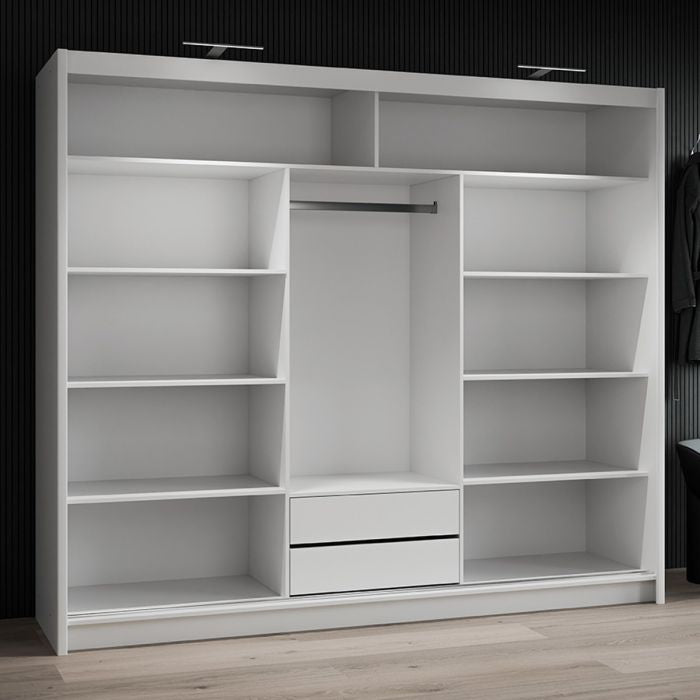 TRAFFORD white 250cm sliding wardrobe, open view showing shelves and hanging rail.
