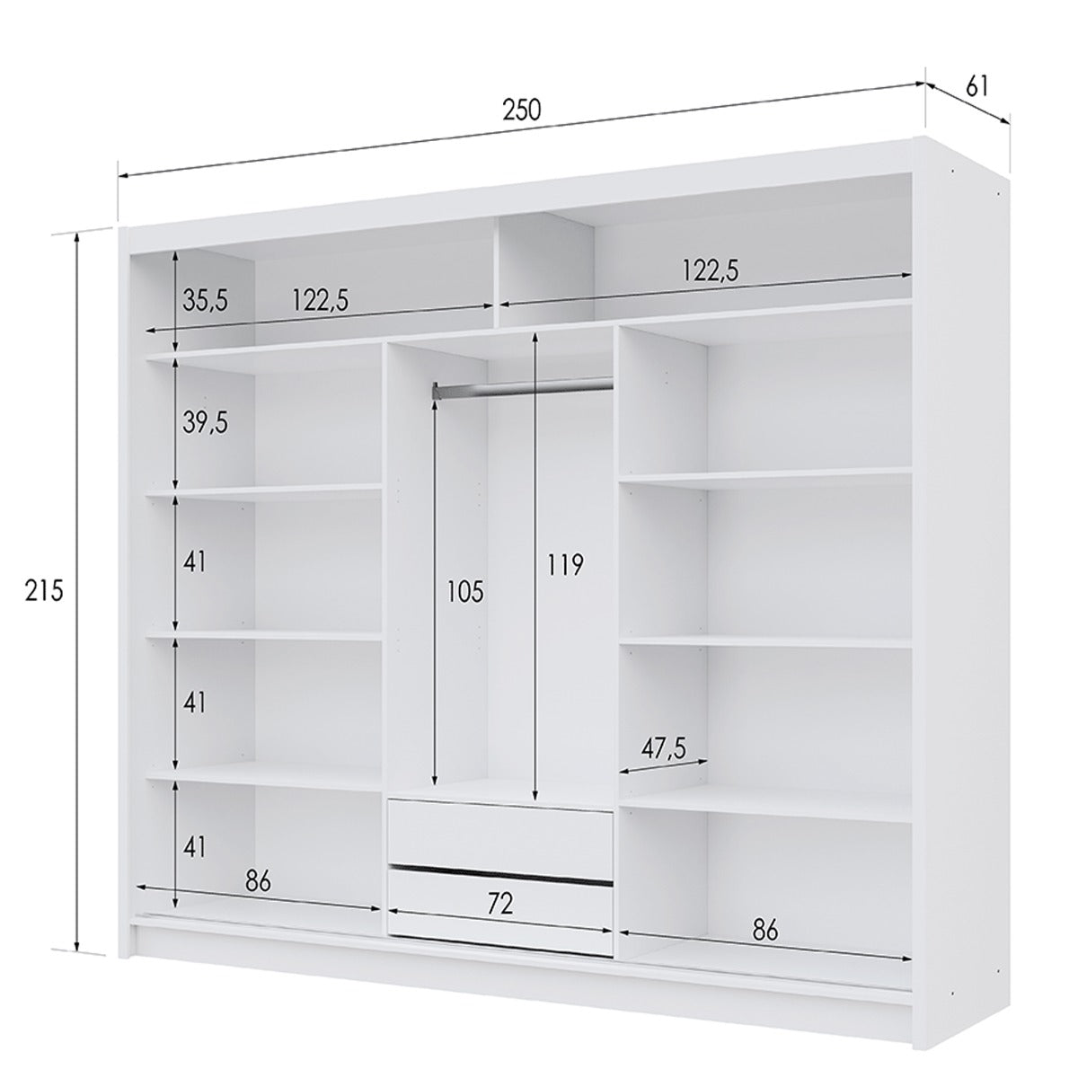 Trafford 250cm wardrobe in White – view 10