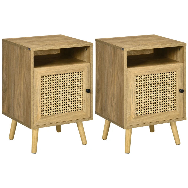 Sienna Rattan Bedside Table Set of 2 with Cupboard and Shelf – Natural