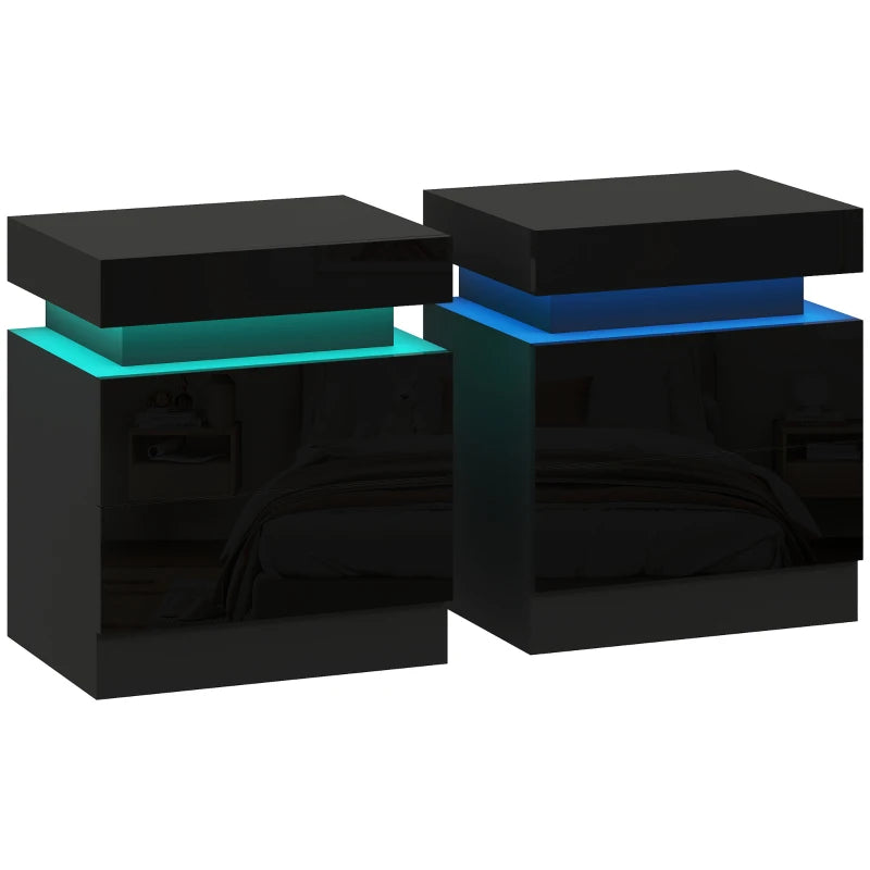 Nova High Gloss LED Bedside Tables Set of 2 with 2 Drawers – Black