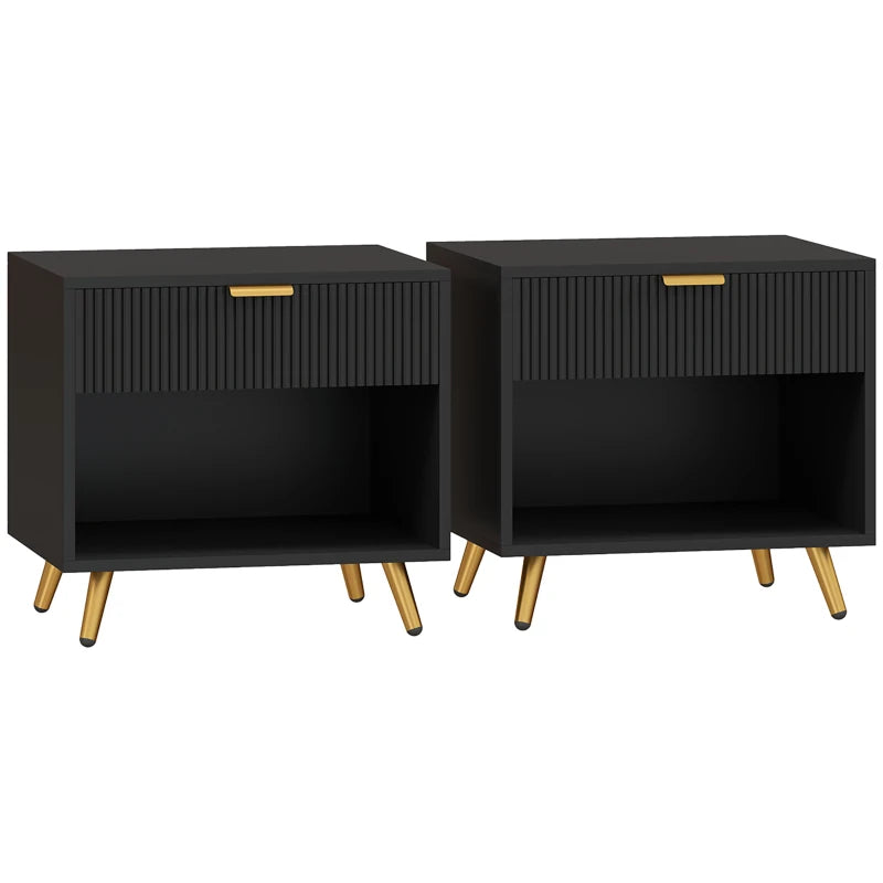 Elodie Bedside Tables Set of 2 with Drawer and Shelf – Black & Gold