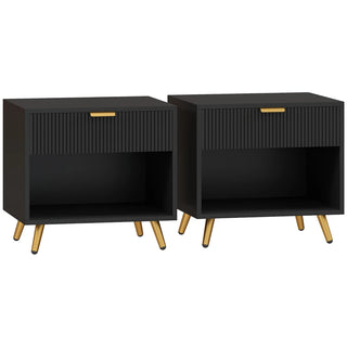 Elodie Bedside Tables Set of 2 with Drawer and Shelf – Black & Gold