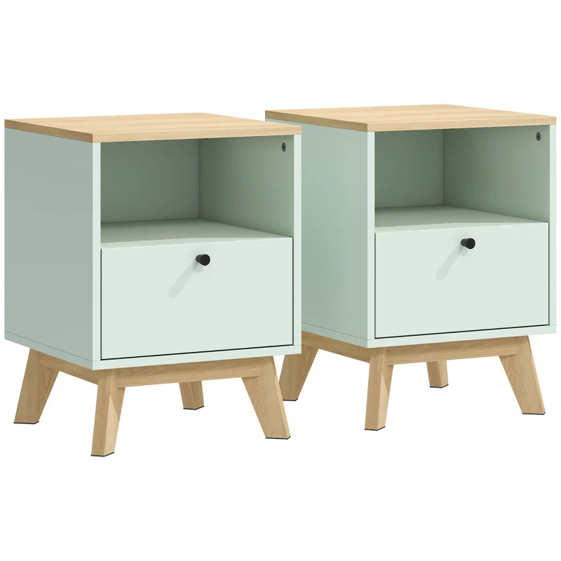 Sage Bedside Tables Set of 2 with Drawer and Shelf – Light Green