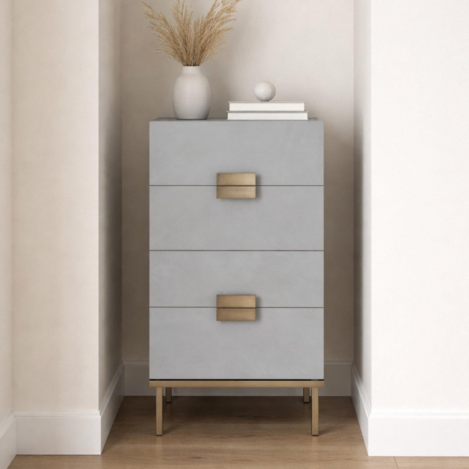 Lilly Soft Grey & Bronze 4 Drawer Tallboy Chest product view