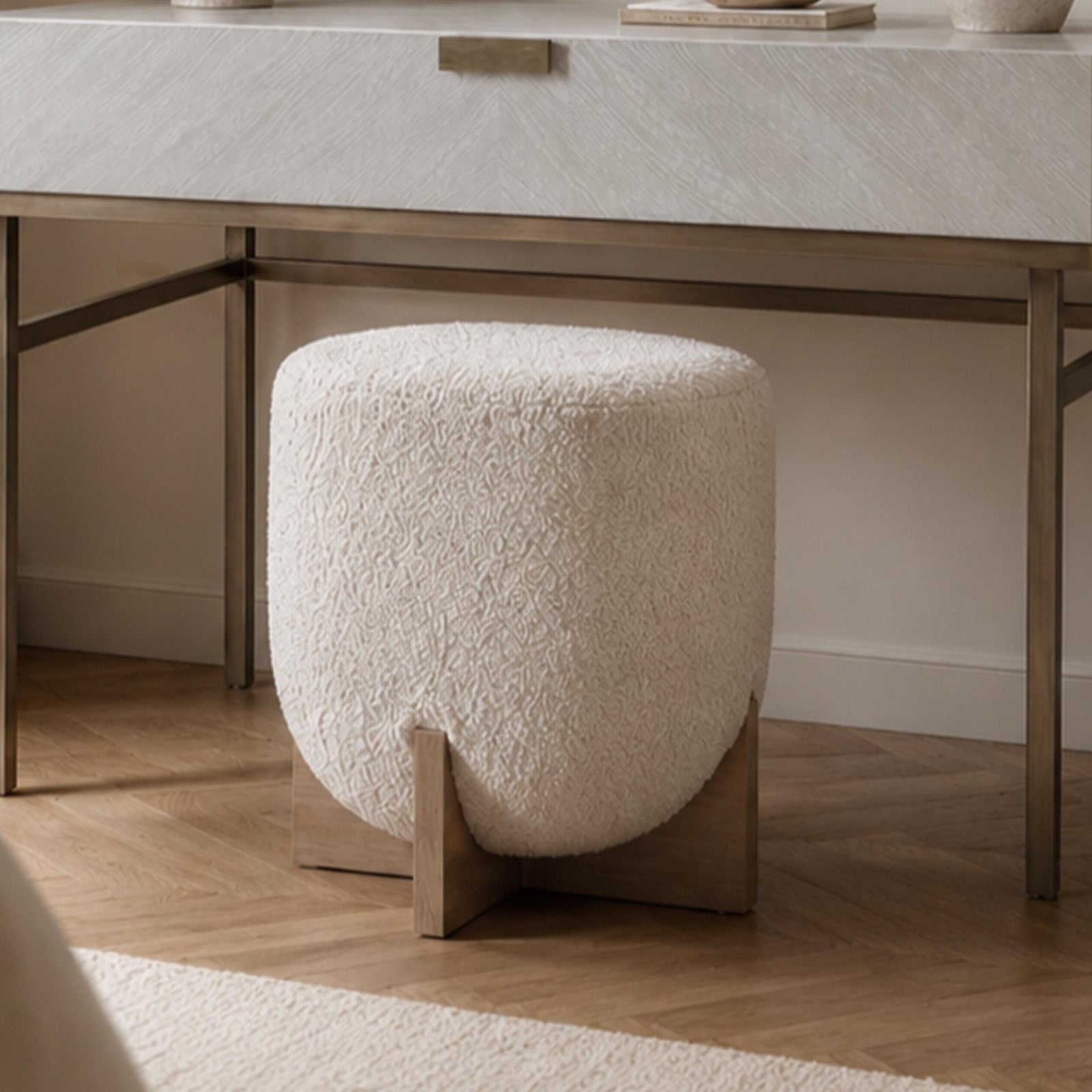 Whisper Cologne Ivory and White Washed Oak Round Padded Stool product view