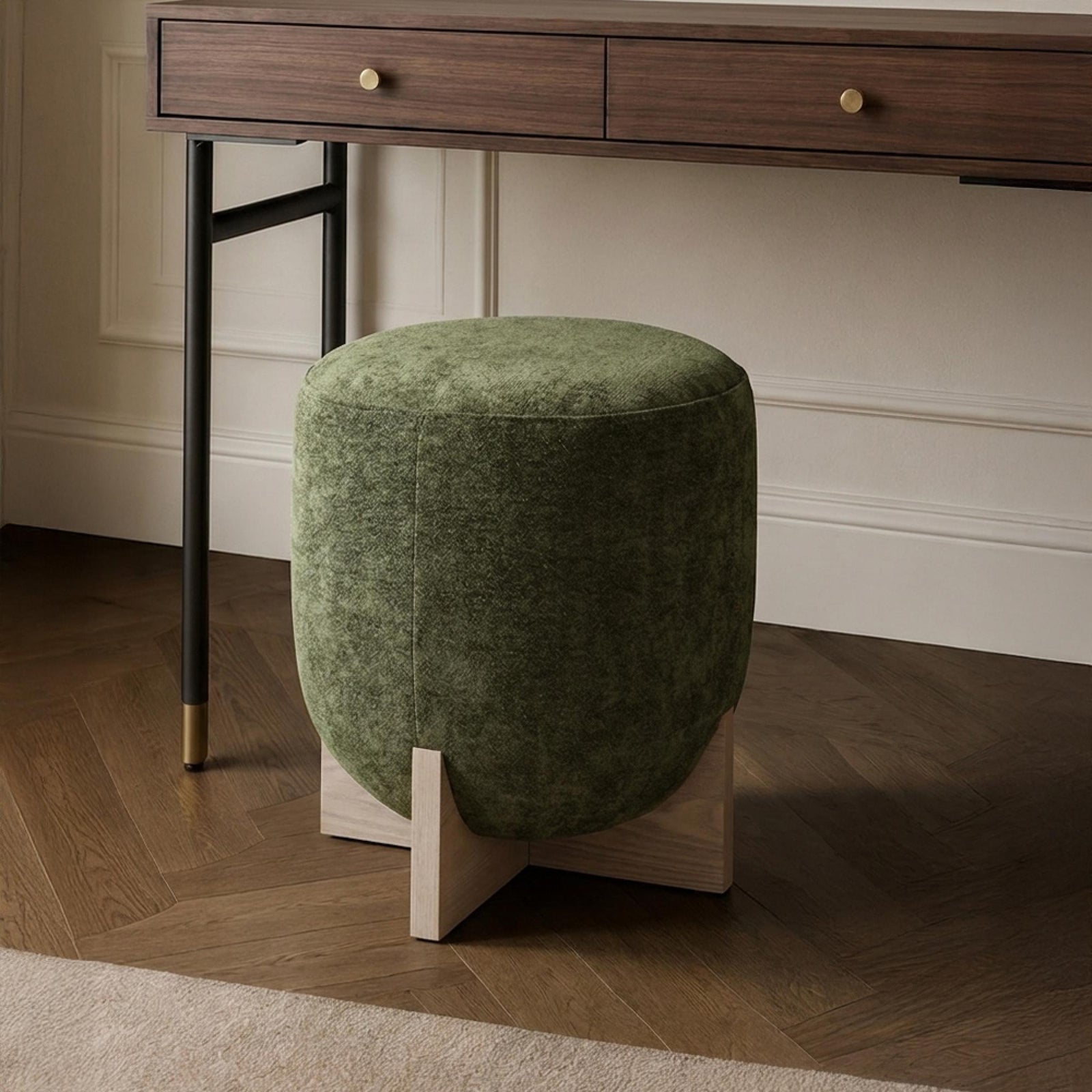 Whisper Olive Green and White Washed Oak Round Padded Stool product view