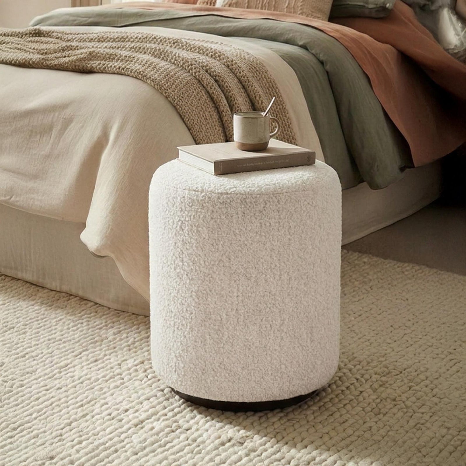 Ben Cologne Ivory Round Bouclé Bedroom Stool product view