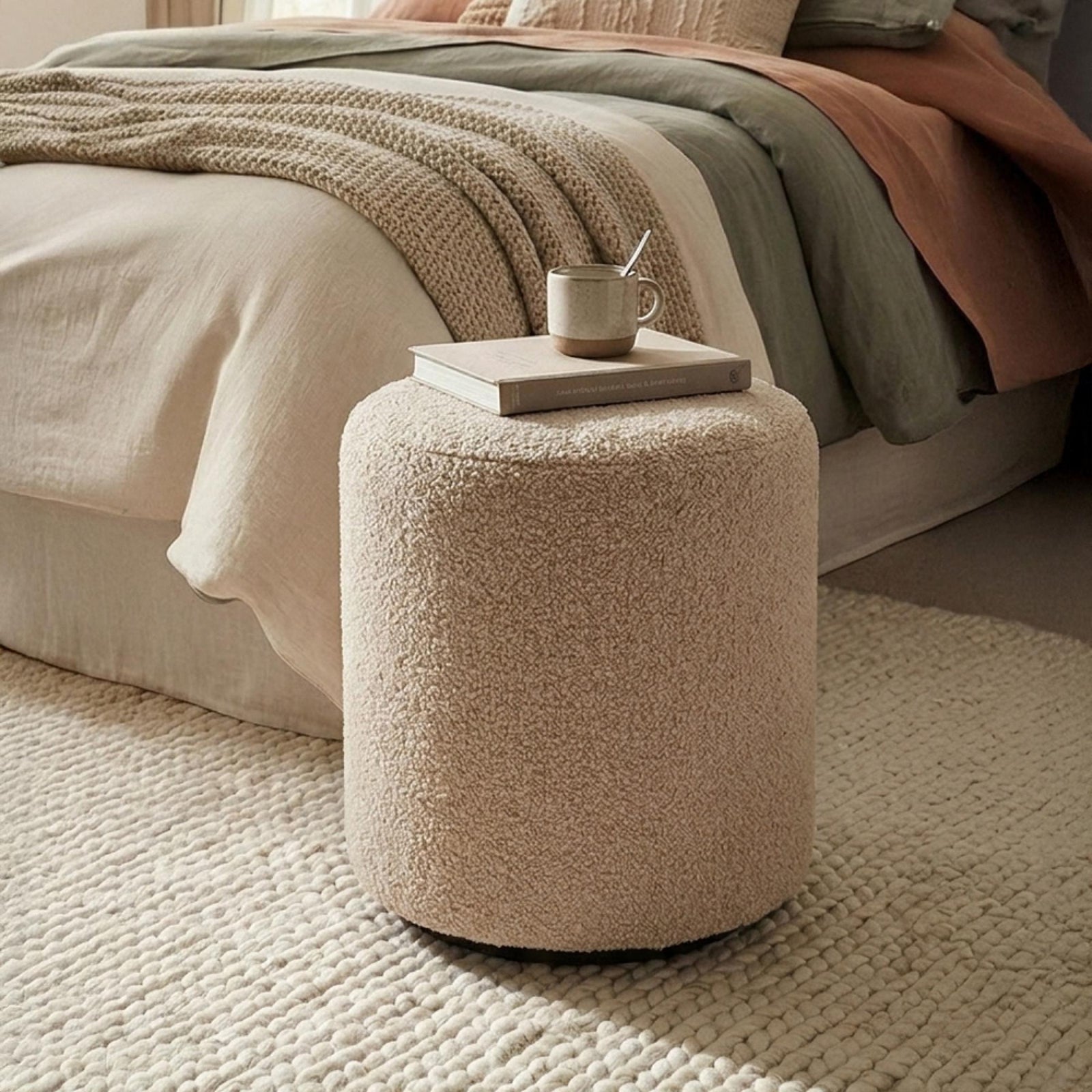 Ben Cologne Mink Round Bouclé Bedroom Stool product view