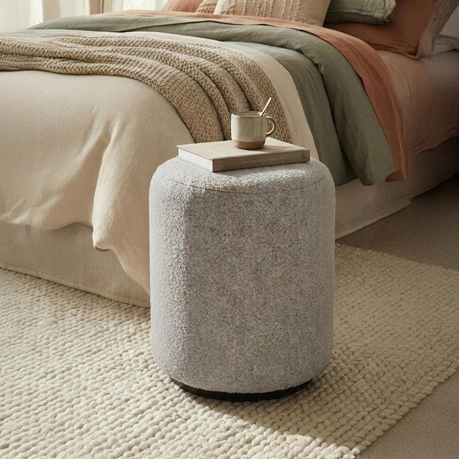 Ben Cologne Dove Round Bouclé Bedroom Stool product view