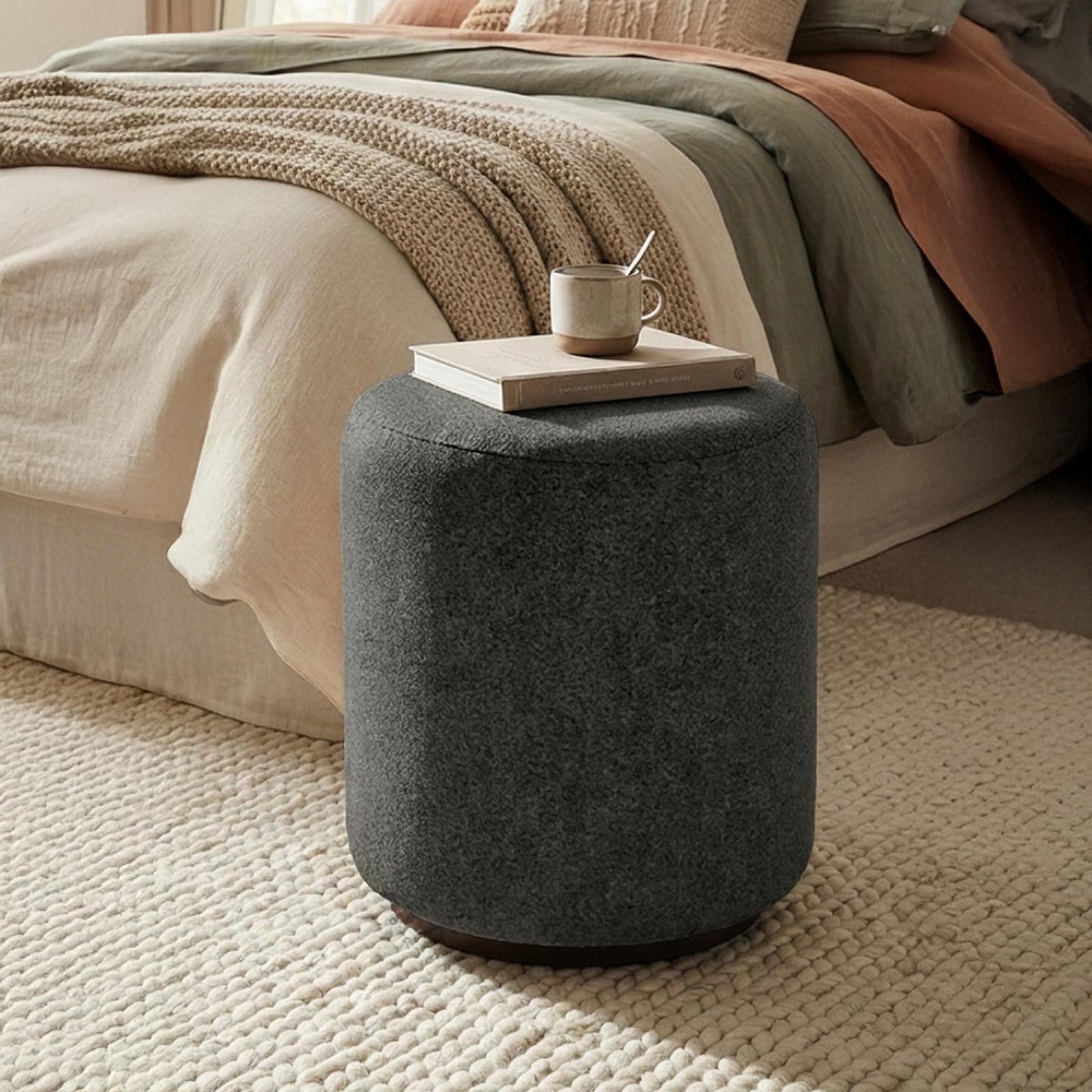 Ben Cologne Granite Round Bouclé Bedroom Stool product view
