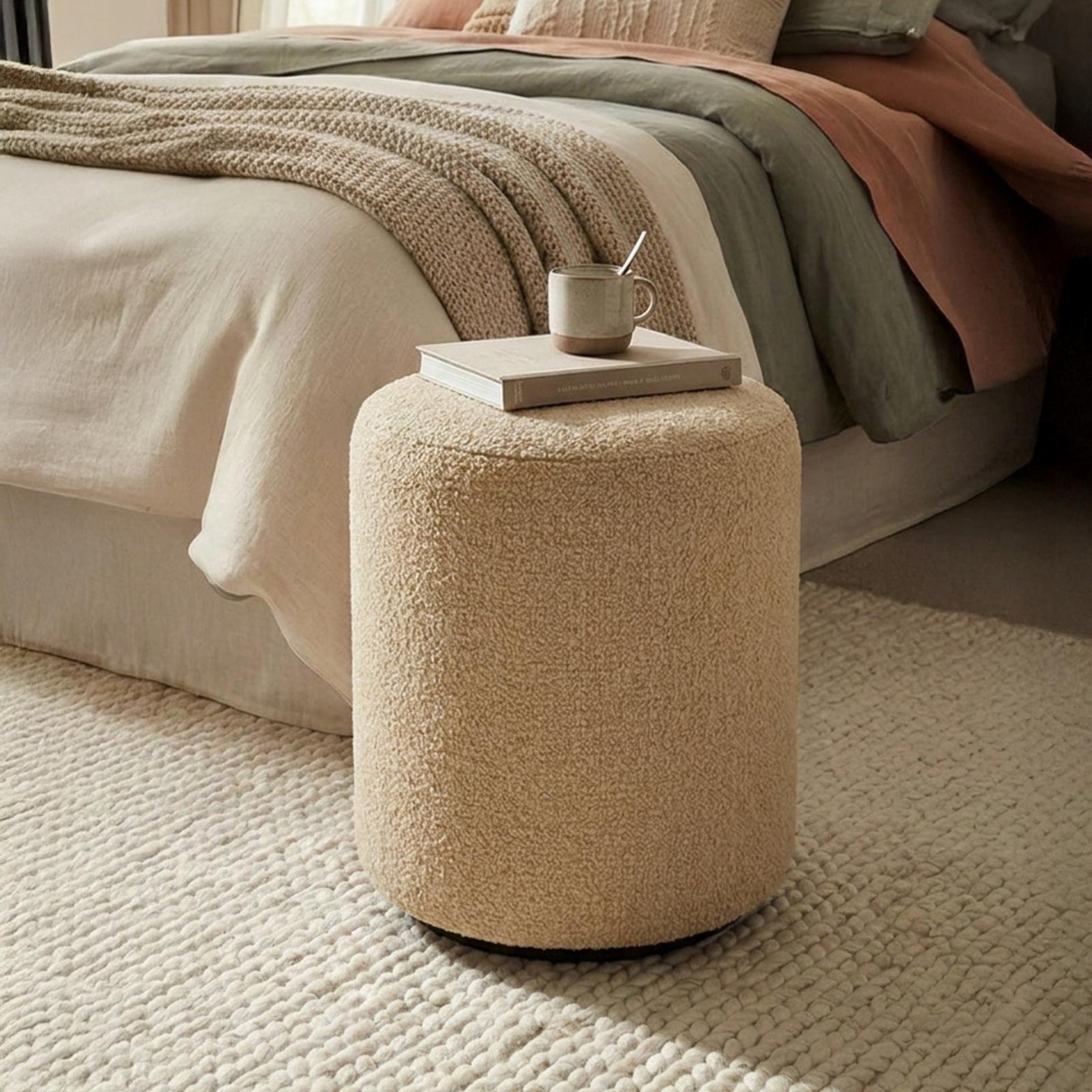 Ben Cologne Latte Round Bouclé Bedroom Stool product view