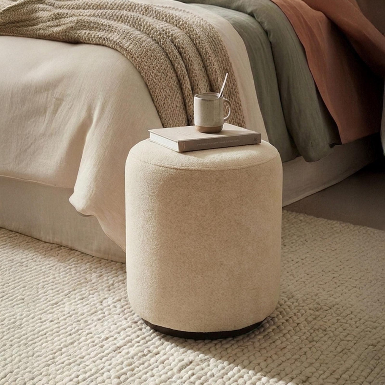 Ben Oyster Round Bouclé Bedroom Stool product view