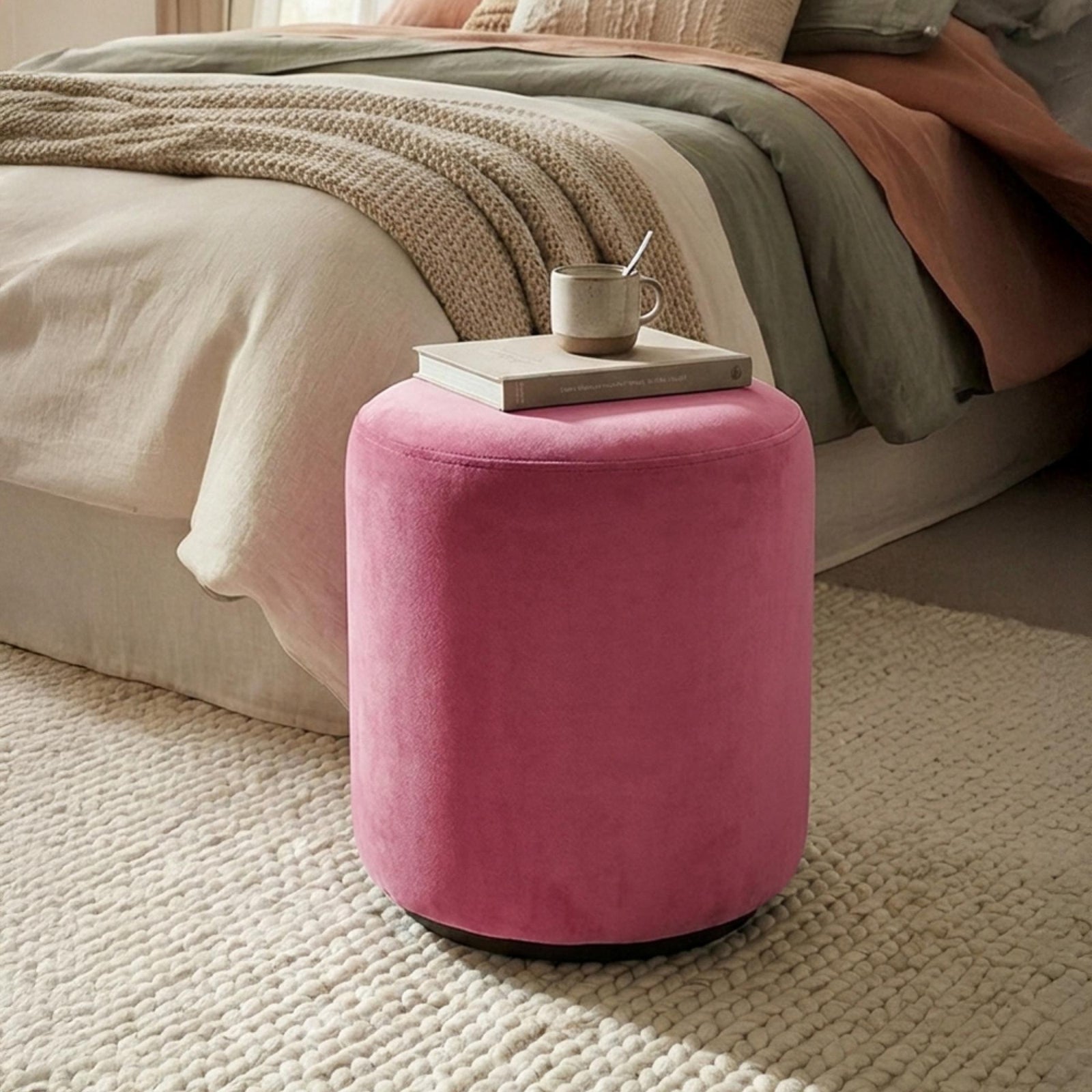 Ben Fuchsia Pink Round Bouclé Bedroom Stool product view