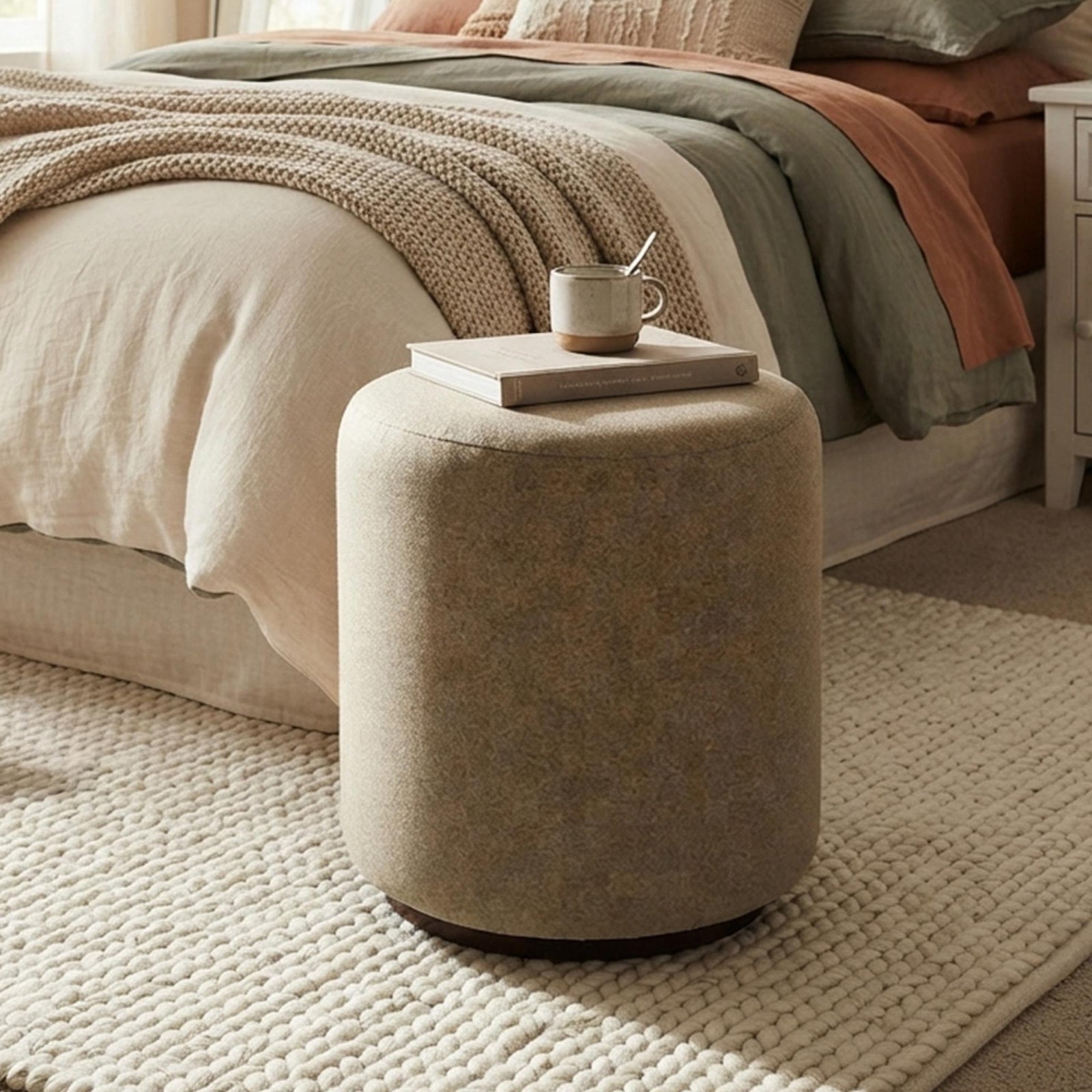 Ben Biscuit Round Bouclé Bedroom Stool product view