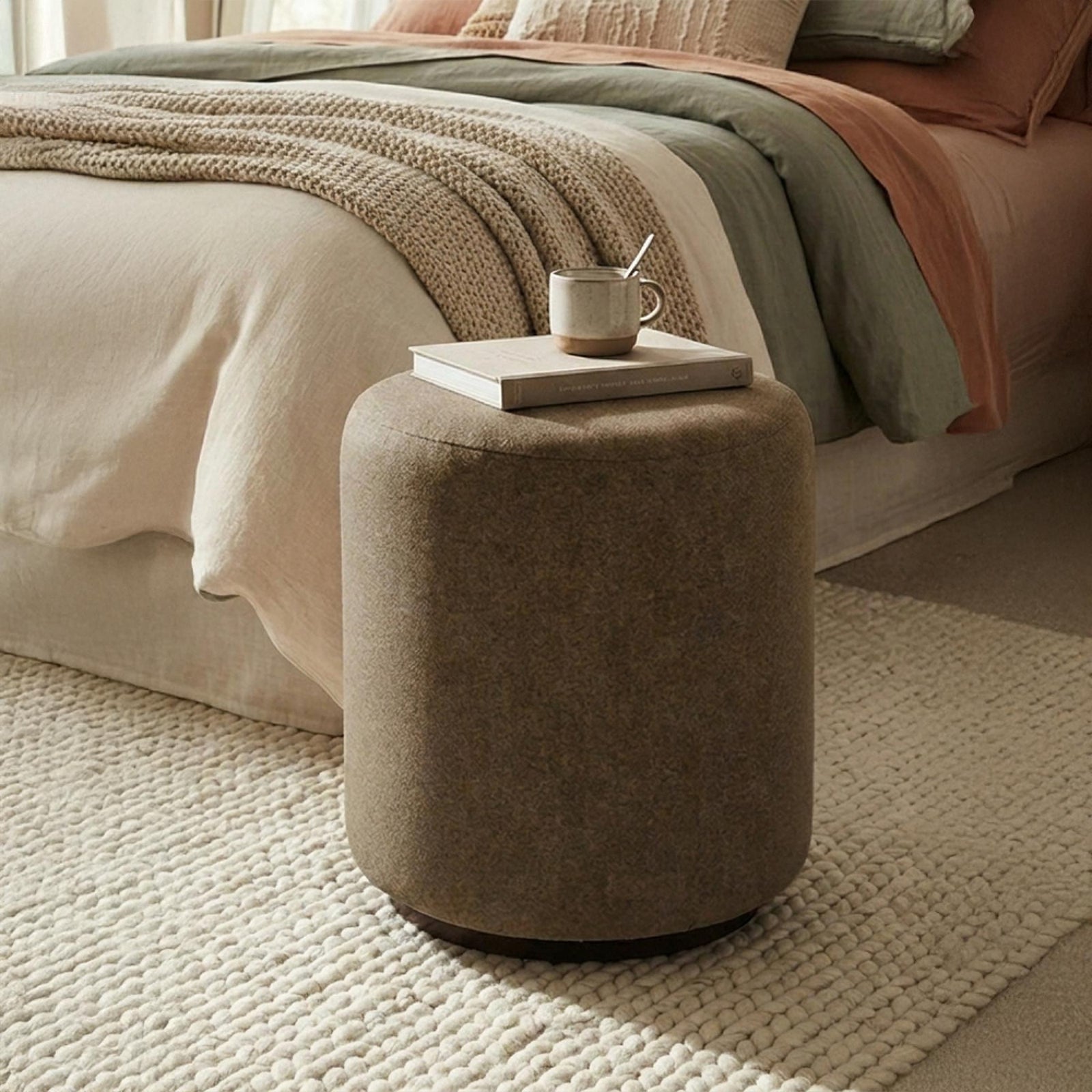 Ben Cedar Brown Round Bouclé Bedroom Stool product view