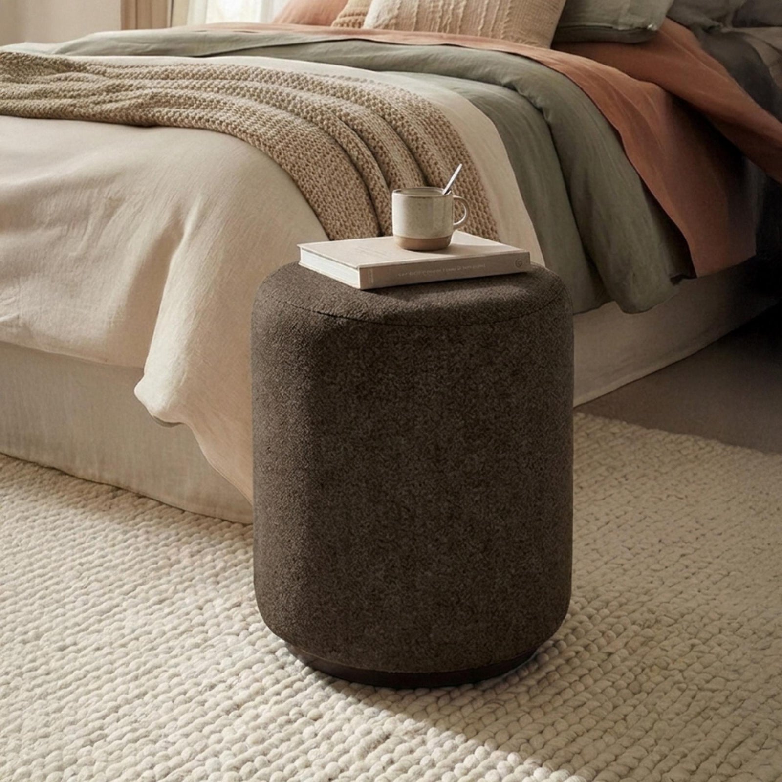 Ben Nutmeg Round Bouclé Bedroom Stool product view