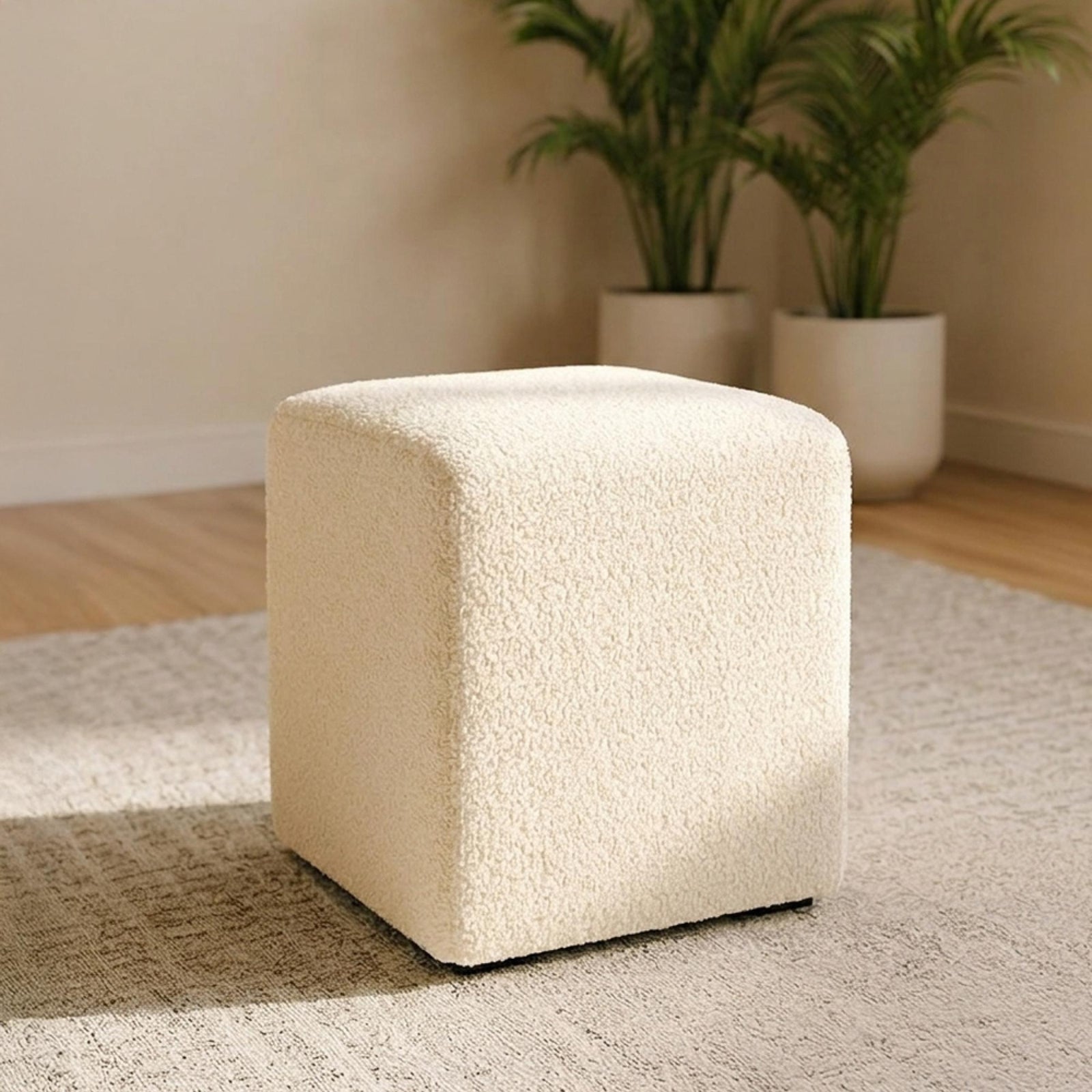 Ben Cologne Ivory Square Bouclé Bedroom Stool product view