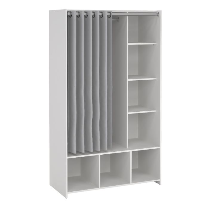 Uppsala 105cm open wardrobe in white with grey fabric curtain
