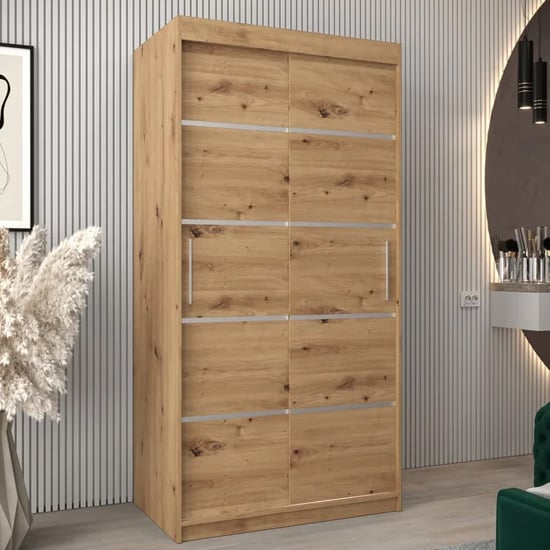 VEVEY I 100cm Artisan Oak sliding wardrobe with horizontal metallic handles.