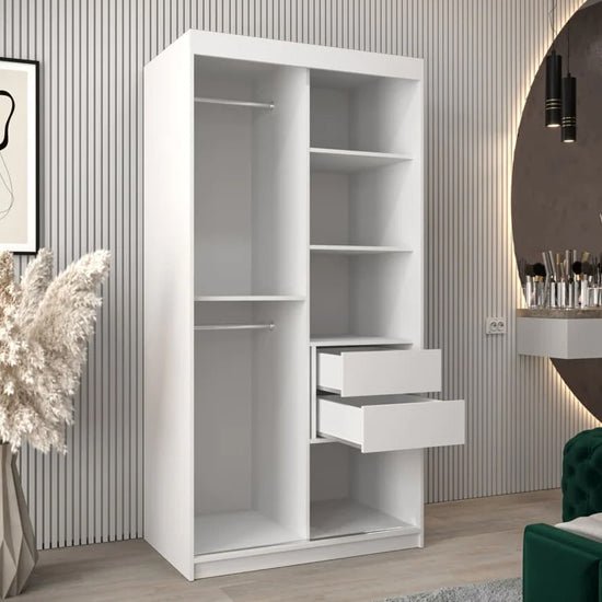 CHOICEWARDROBE 100cm white 2-door sliding wardrobe open view with shelves and hanging rails