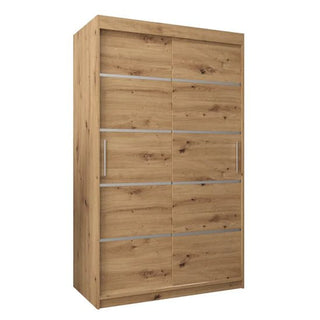 The Vevey I Wooden Wardrobe features 2 sliding doors in a light artisan oak finish, accented with horizontal silver strips and long vertical handles for a modern, minimalist look.