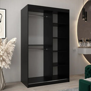 The Vevey I Wooden Wardrobe features 2 sliding doors, a modern black finish, two left-side hanging rails, and four right-side open shelves, making it ideal for contemporary spaces with light wood flooring and minimalist decor.