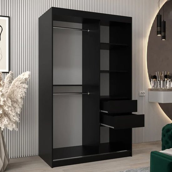 Black 120cm wooden sliding door wardrobe with two doors and visible internal drawers.