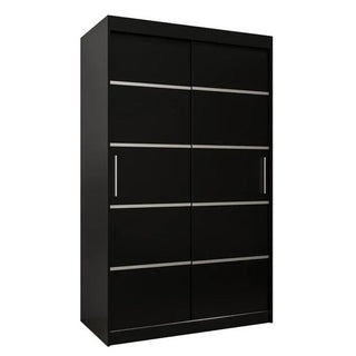 The Vevey I Wooden Wardrobe features 2 black sliding doors with horizontal silver lines and vertical silver handles. This modern, rectangular wardrobe (120cm) stands against a plain white background.