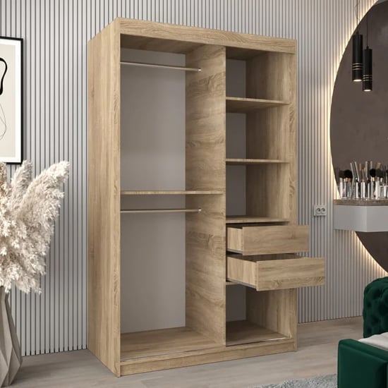 Sonoma Oak VEVEY I wardrobe with 2 sliding doors, showing open shelves and 2 drawers.