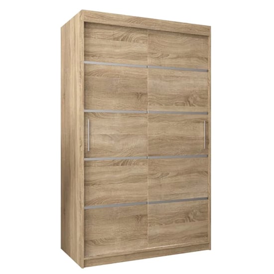 VEVEY I 120cm Sonoma Oak sliding wardrobe with two doors and silver accents.