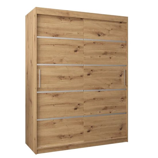 CHOICEWARDROBE Vevey I 150cm sliding door wardrobe in Artisan Oak, 2 doors with metal horizontal strips.