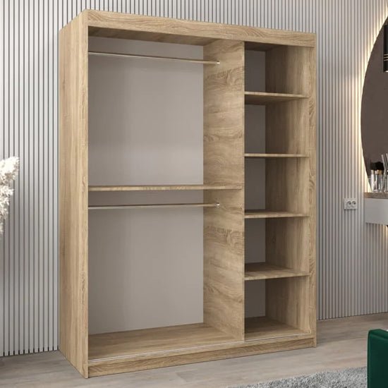 VEVEY I 150cm Sonoma Oak sliding door wardrobe, two hanging rails and five shelves.