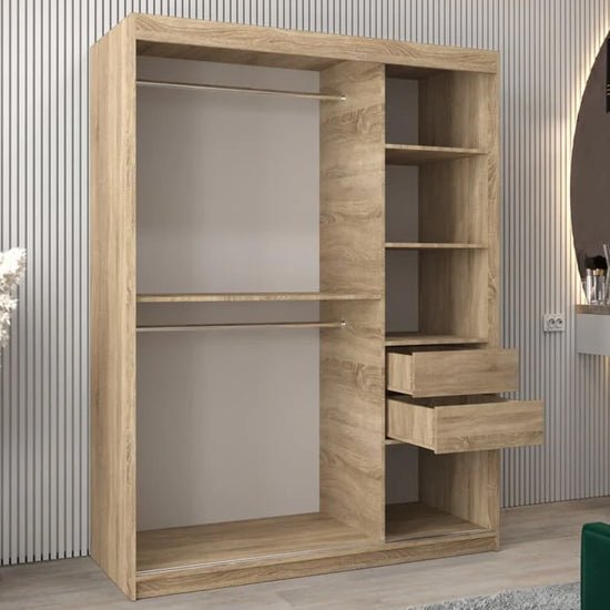 VEVEY I sliding door wardrobe 150cm Sonoma Oak with visible hanging rails, shelves, and two drawers.