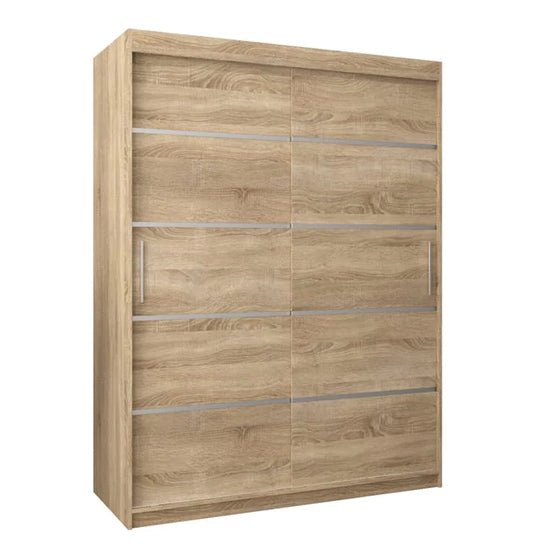 Sonoma Oak 150cm sliding wardrobe with 2 doors and metal handles.