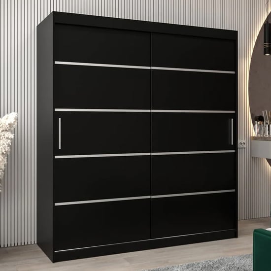 CHOICEWARDROBE Vevey I 180cm 2-door sliding wardrobe in black with silver horizontal strips.