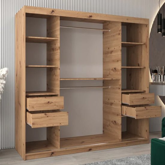 Vevey I 200cm artisan oak sliding wardrobe with open shelves and drawers