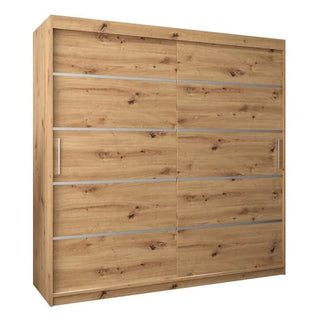 The Vevey I Wooden Wardrobe, 200cm in artisan oak, features a natural wood finish, two sliding doors, and horizontal metallic accent strips, shown against a plain white background.