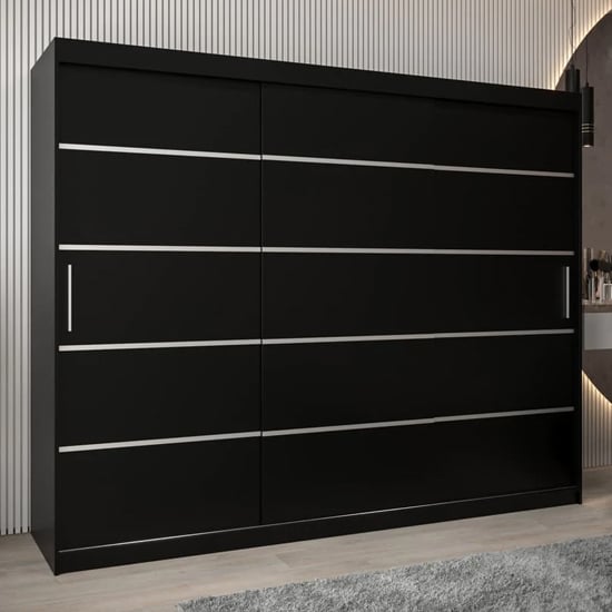 CHOICEWARDROBE Vevey I 3-door black sliding door wardrobe with silver handles.