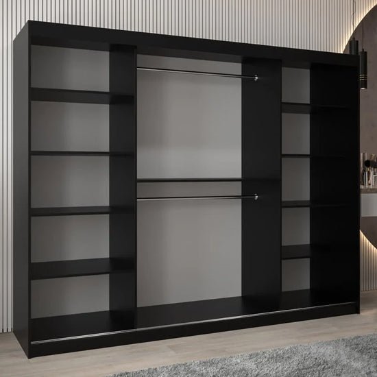 CHOICEWARDROBE Vevey I 250cm black sliding door wardrobe with three doors and visible shelves.
