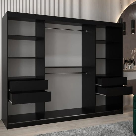 CHOICEWARDROBE Vevey I 250cm black 3-door sliding wardrobe with visible shelves and drawers.